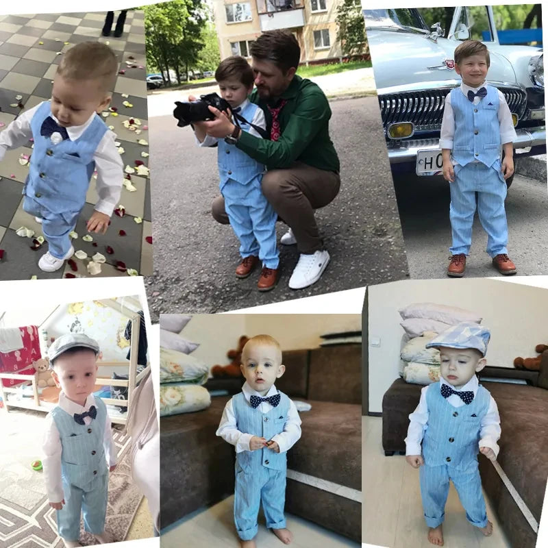 Toddler boys formal outfit striped vest white shirt and pants wedding suit in various styles and settings