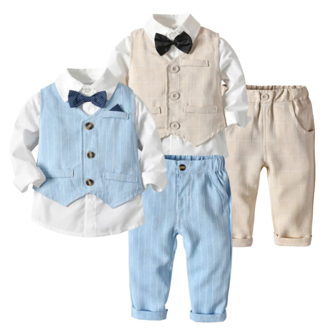 Toddler Boys Formal Outfit Striped Vest White Shirt and Pants Wedding Suit in beige and blue with bow ties