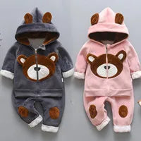 Toddler Clothes Hooded & Pant 2pcs Outfit in gray and pink with bear face and ear designs