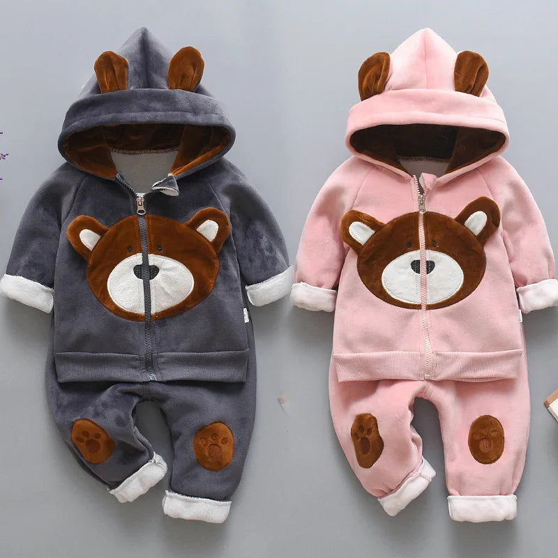 Toddler Clothes Hooded & Pant 2pcs Outfit with bear design in gray and pink colors from Yamza Tots' Closet