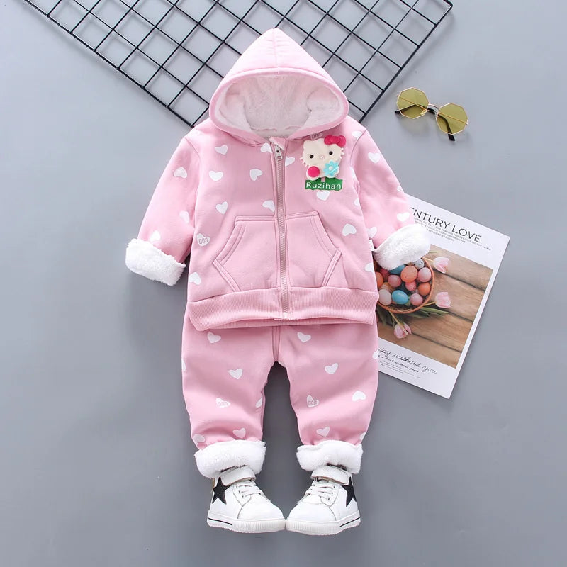 Yamza Tots' Closet pink Toddler Clothes Hooded & Pant 2pcs Outfit with heart prints and white fur lining