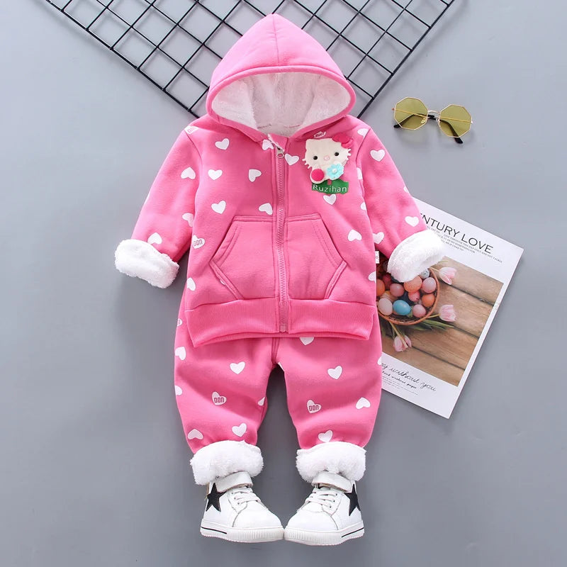 Yamza Tots' Closet pink toddler clothes hooded and pant 2pcs outfit with white heart patterns and plush lining