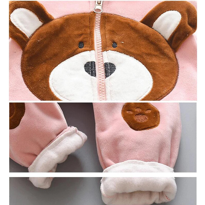Toddler Clothes Hooded & Pant 2pcs Outfit with a soft brown bear face hood and pink pants with paw print design