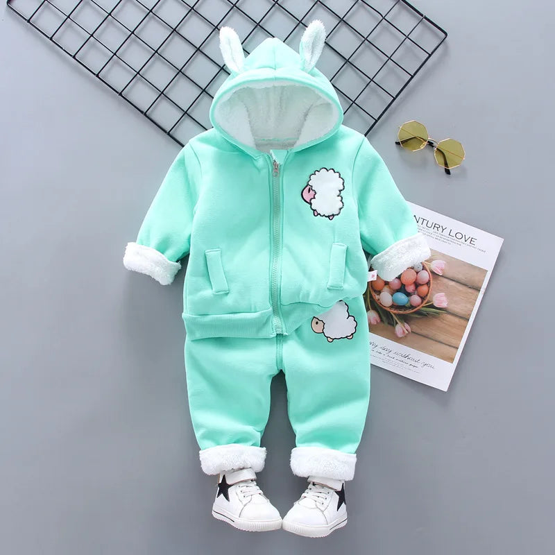 Mint green Toddler Clothes Hooded & Pant 2pcs Outfit with sheep design and white fur trim by Yamza Tots' Closet