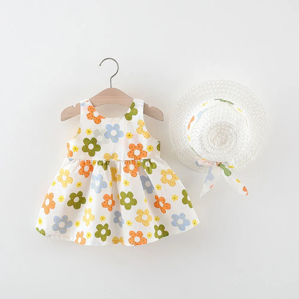 Toddler girl dress with colorful flower print and matching sun hat Toddler Girl Clothes Cotton Beach by Yamza Tots Closet