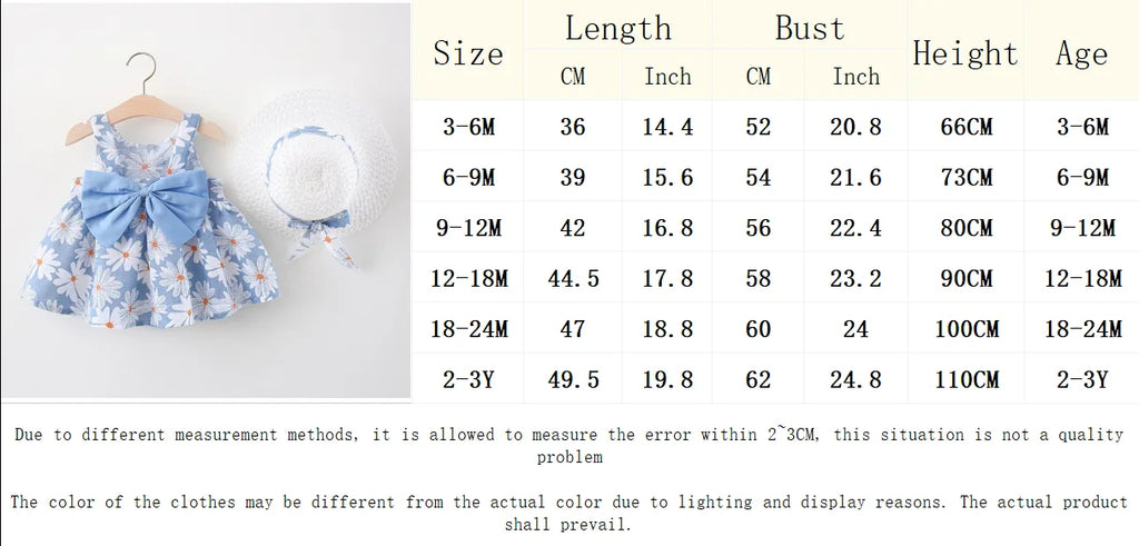 Toddler girl clothes cotton beach dress with blue bow and matching sun hat displayed with size chart