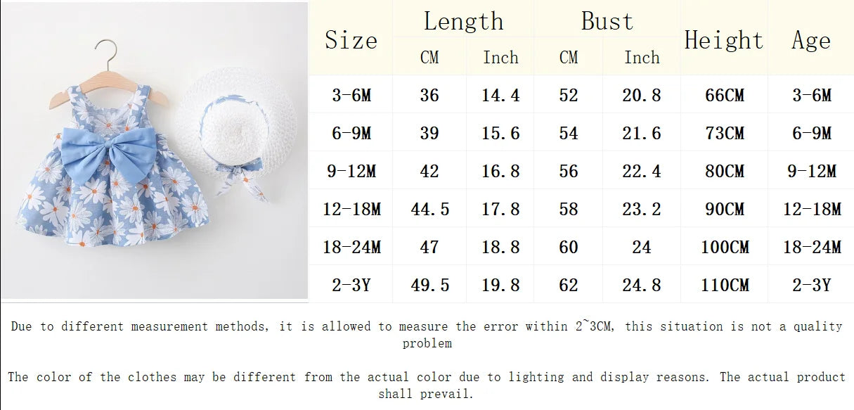 Toddler girl clothes cotton beach dress with blue bow and matching sun hat displayed with size chart