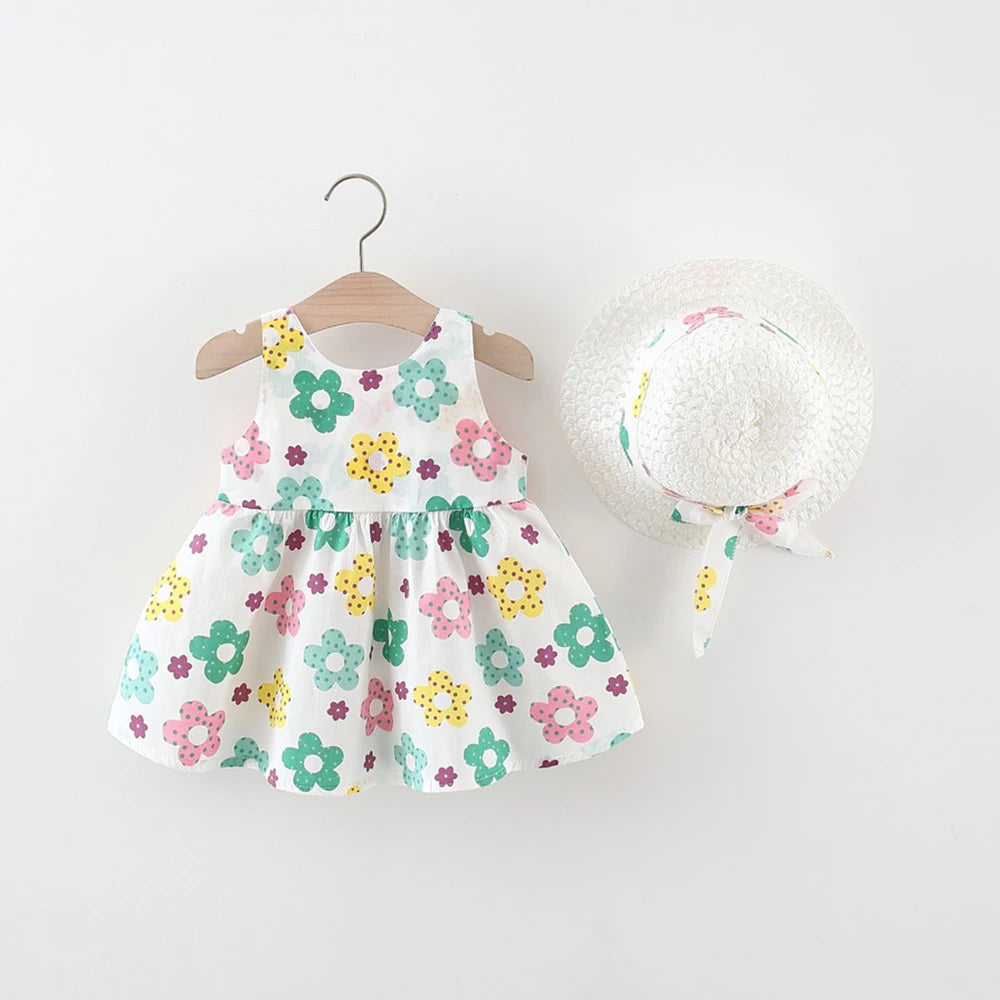Toddler Girl Clothes Cotton Beach floral dress with matching white sun hat by Yamza Tots' Closet