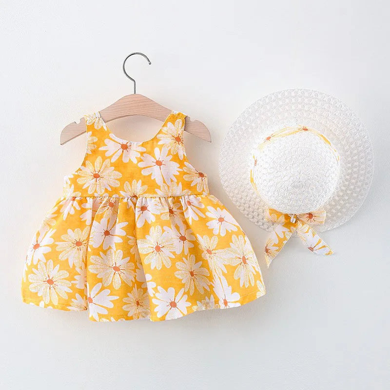 Toddler girl clothes cotton beach yellow floral dress with matching white sun hat