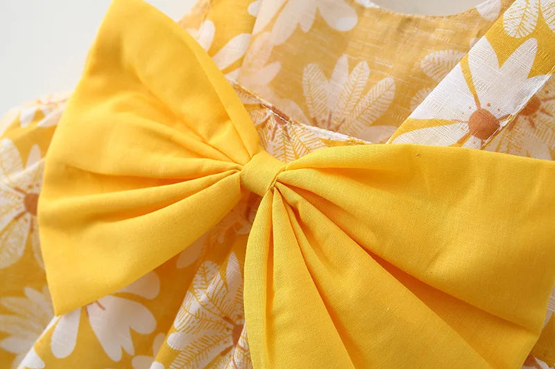 Toddler girl clothes cotton beach dress with yellow bow and floral pattern by Yamza Tots Closet