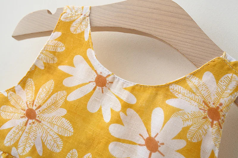 Yellow dress with white floral print made of soft fabric for toddler girl clothes cotton beach