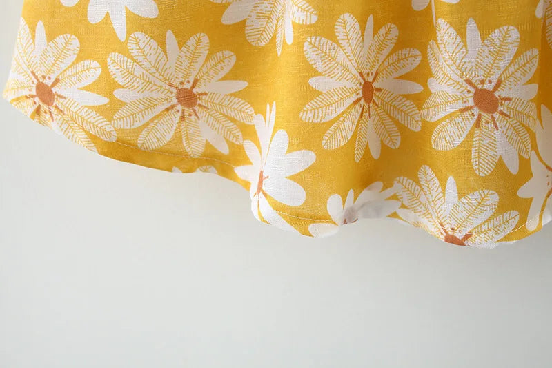 Yellow cotton fabric with white floral print from toddler girl clothes cotton beach collection
