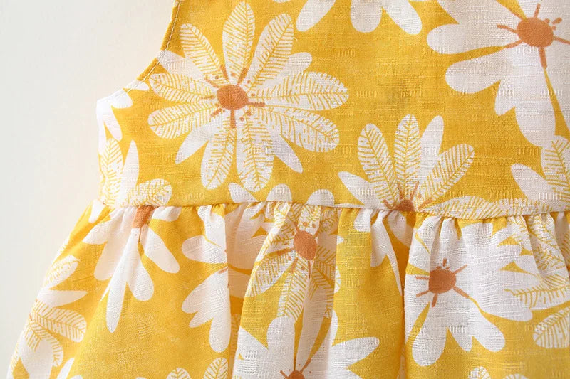 Yellow floral toddler dress made from soft fabric featuring white daisy patterns from Yamza Tots Closet Toddler Girl Clothes Cotton Beach