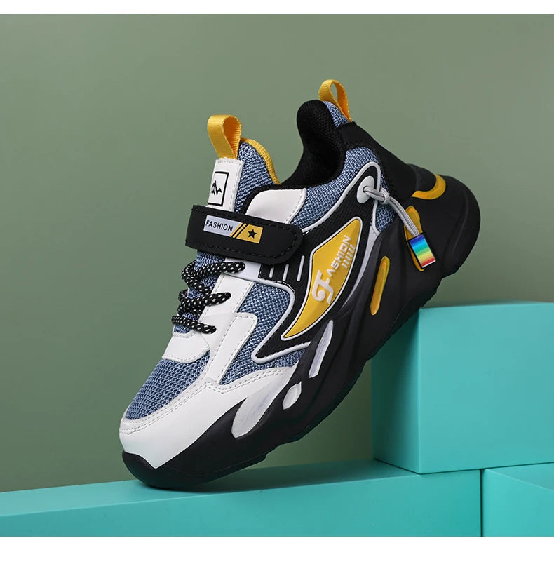 Kids Boys Casual Sneaker Non Slip Sports Shoes Breathable Mesh Comfortable Wear in blue black and yellow design