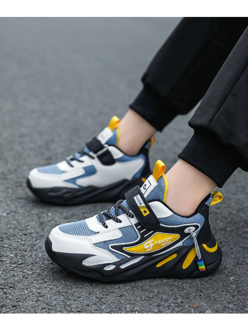 Kids Boys Casual Sneaker Non Slip Sports Shoes Breathable Mesh Comfortable Wear in blue white and black
