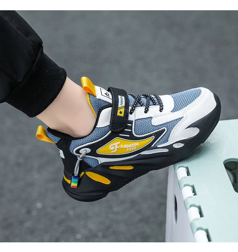 Kids Boys Casual Sneaker Non Slip Sports Shoes Breathable Mesh Comfortable Wear in blue white and black 