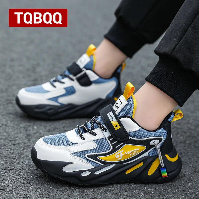 Kids Boys Casual Sneaker Non Slip Sports Shoes Breathable Mesh Comfortable Wear in blue white and yellow