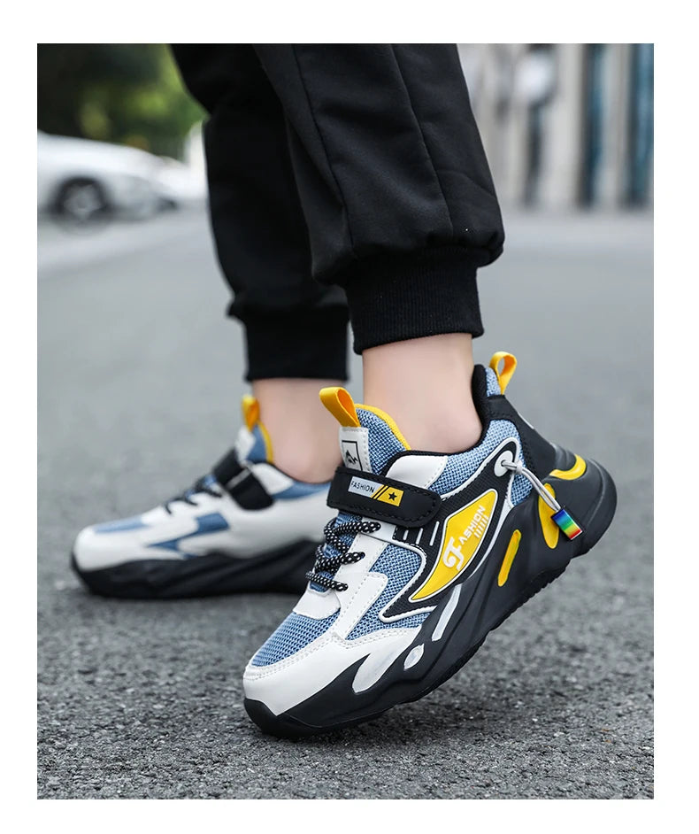 Kids boys casual sneaker non slip sports shoes breathable mesh comfortable wear in black white and yellow