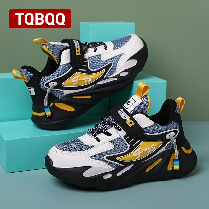 Kids Boys Casual Sneaker Non Slip Sports Shoes Breathable Mesh Comfortable Wear in blue white and black design