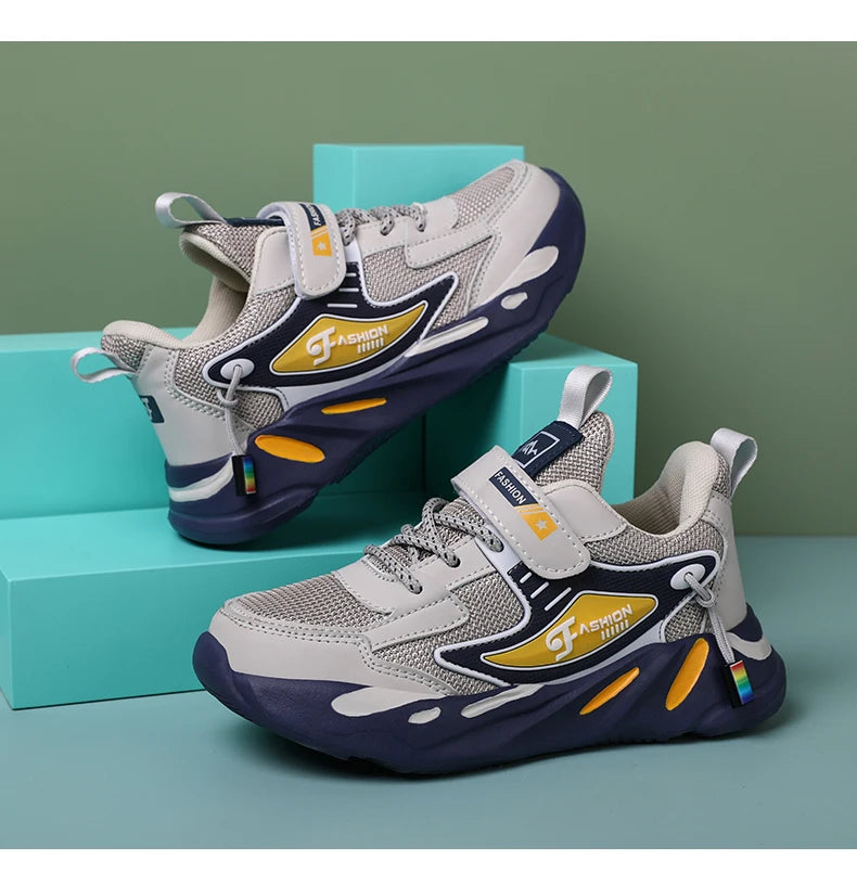 Kids Boys Casual Sneaker Non Slip Sports Shoes Breathable Mesh Comfortable Wear in gray and navy with yellow accents