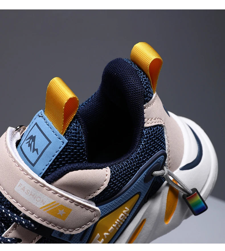 Kids Boys Casual Sneaker Non Slip Sports Shoes Breathable Mesh Comfortable Wear in navy blue and yellow