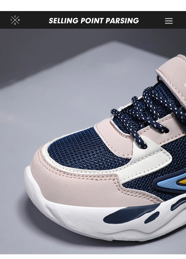 Kids Boys Casual Sneaker Non Slip Sports Shoes Breathable Mesh Comfortable Wear in navy and beige