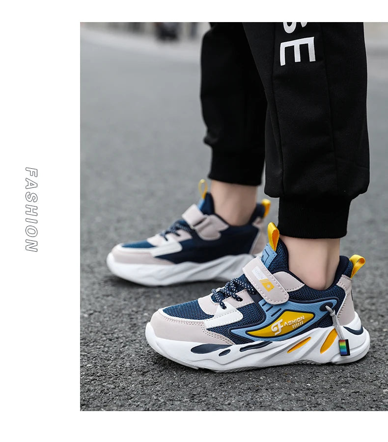 Yamza Tots' Closet Kids Boys Casual Sneaker Non Slip Sports Shoes Breathable Mesh Comfortable Wear in navy and yellow