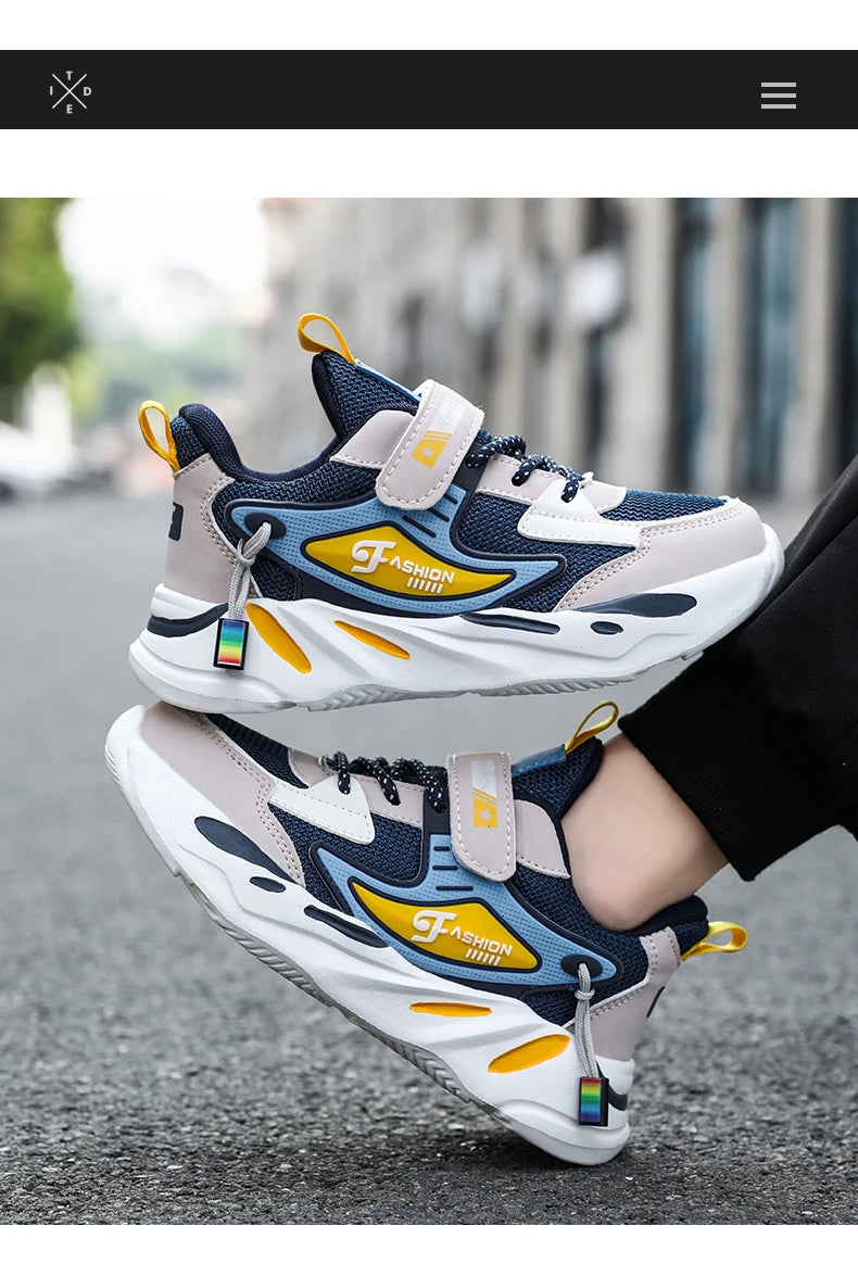 Kids Boys Casual Sneaker Non Slip Sports Shoes Breathable Mesh Comfortable Wear in blue white and yellow colors