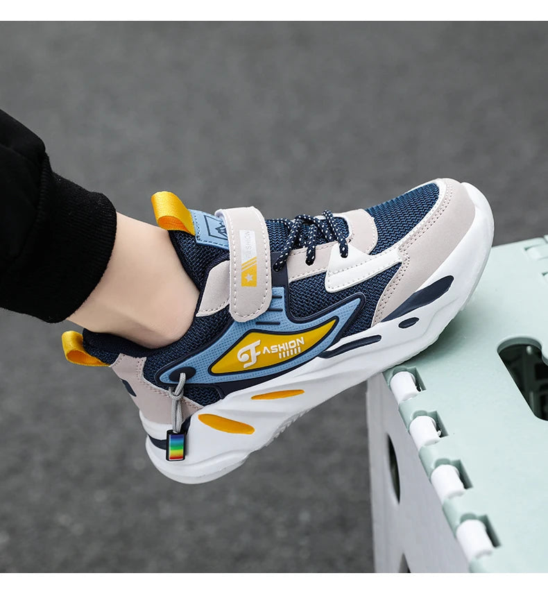 Kids Boys Casual Sneaker Non Slip Sports Shoes Breathable Mesh Comfortable Wear in navy blue and white 