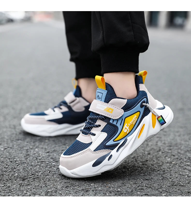 Kids boys casual sneaker non slip sports shoes breathable mesh comfortable wear in navy and yellow