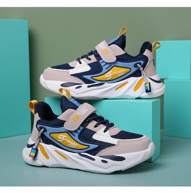 Kids Boys Casual Sneaker Non Slip Sports Shoes Breathable Mesh Comfortable Wear in blue white and yellow design