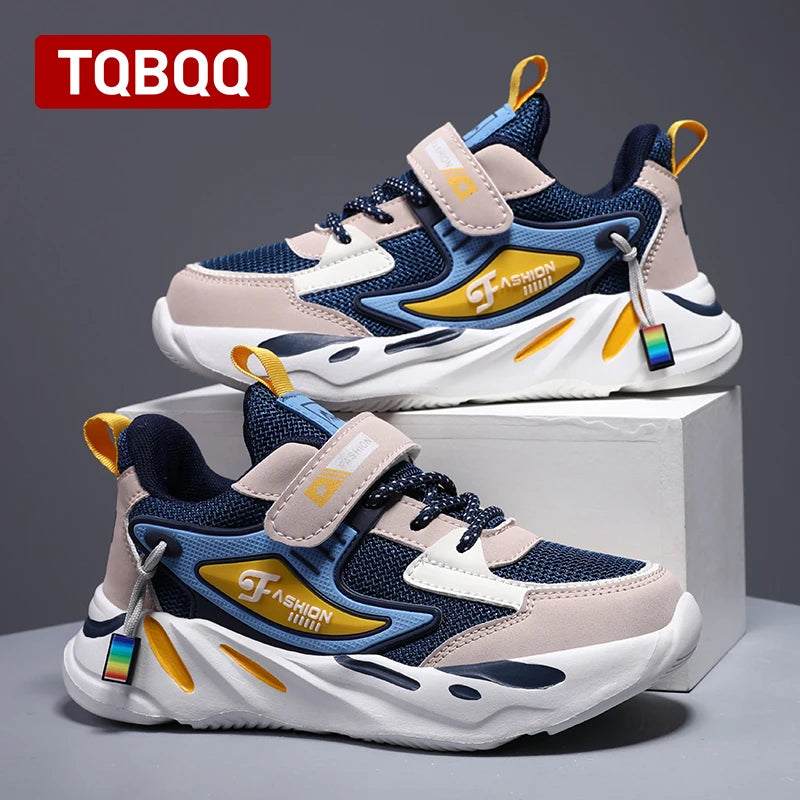 Kids boys casual sneaker non slip sports shoes breathable mesh comfortable wear in navy blue and beige