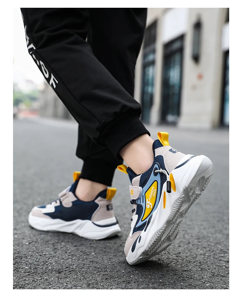 Kids Boys Casual Sneaker Non Slip Sports Shoes Breathable Mesh Comfortable Wear in navy blue and yellow 