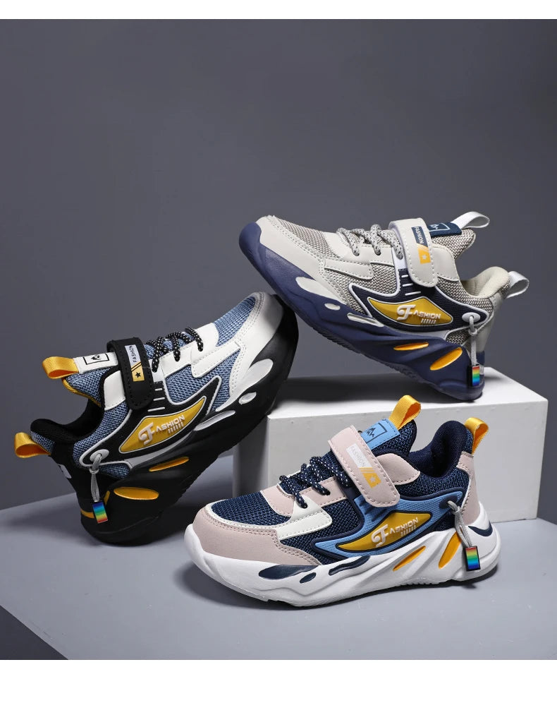 Kids Boys Casual Sneaker Non Slip Sports Shoes Breathable Mesh Comfortable Wear in black white and gray colors