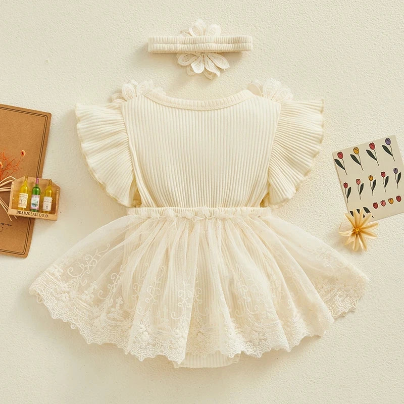 Yamza Tots' Closet Baby Girls Romper Princess Mesh Newborn Clothes in soft cream with floral lace skirt and matching headband