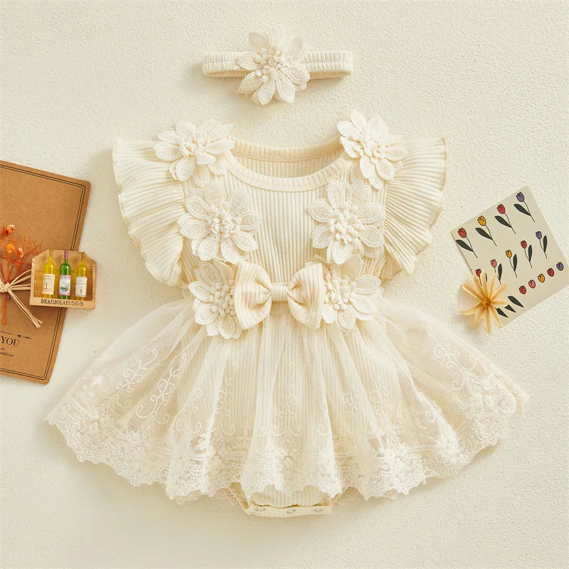 Baby Girls Romper Princess Mesh Newborn Clothes with floral lace and matching headband in cream color