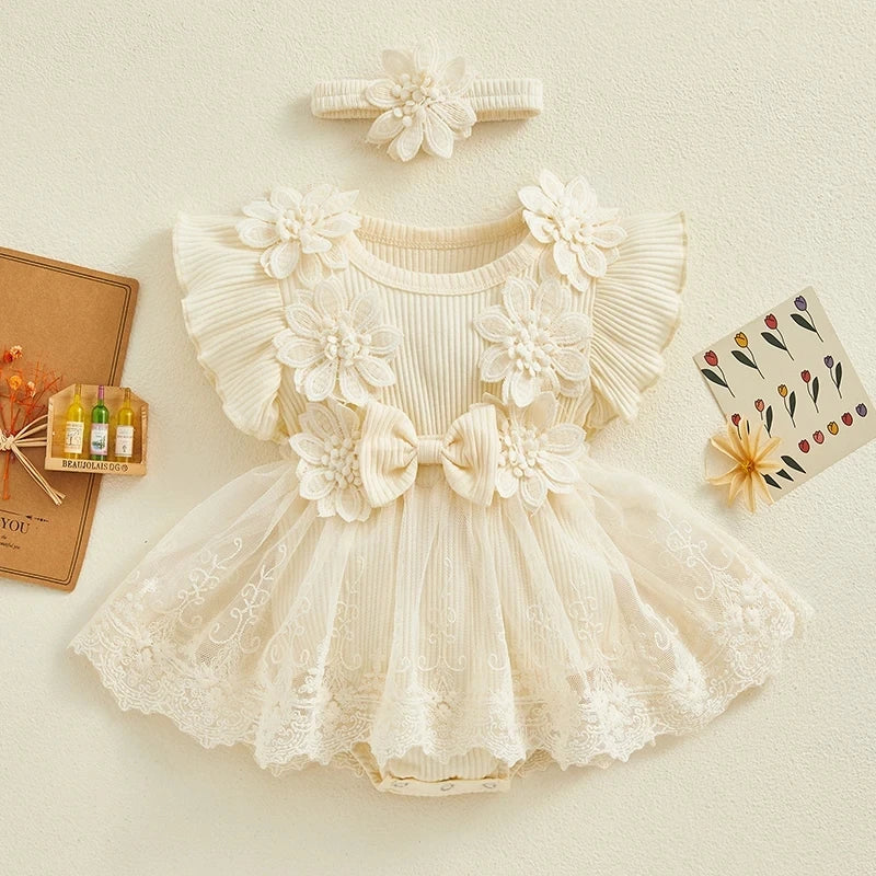 Baby Girls Romper Princess Mesh Newborn Clothes white lace floral dress with matching headband by Yamza Tots' Closet
