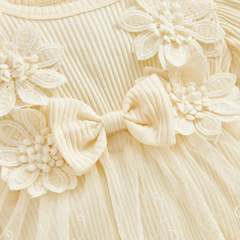 Cream baby girls romper princess mesh newborn clothes with floral lace and bow detail