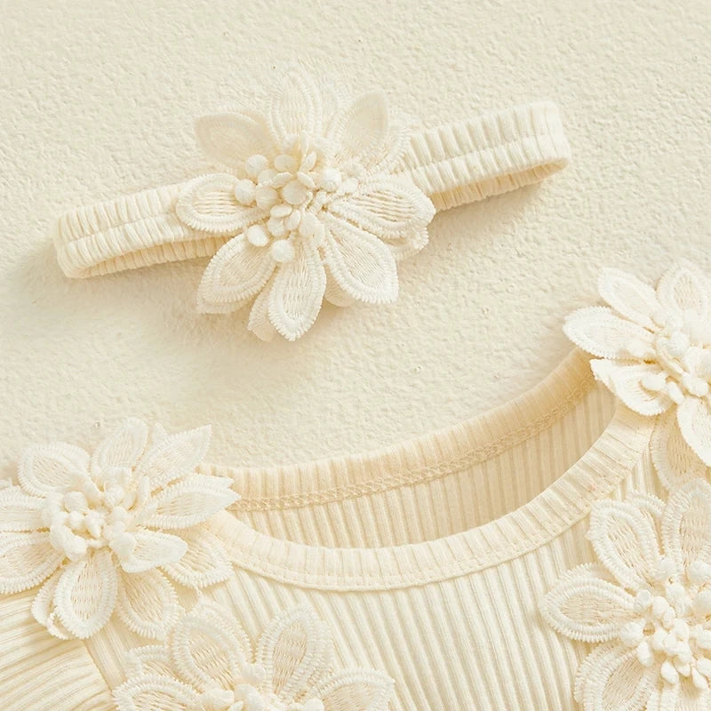 Cream floral headband and romper detail with mesh flowers for Baby Girls Romper Princess Mesh Newborn Clothes