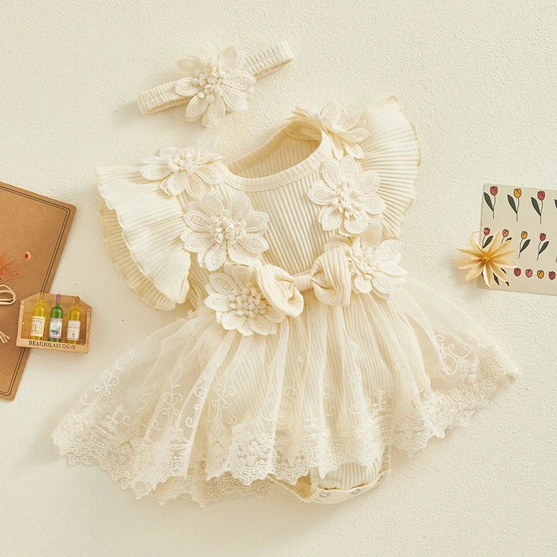 Baby Girls Romper Princess Mesh Newborn Clothes cream lace dress with floral appliques and matching headband