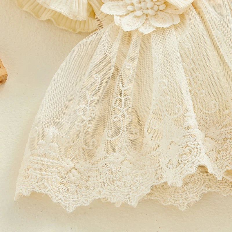 Close-up of cream lace embroidery on Baby Girls Romper Princess Mesh Newborn Clothes by Yamza Tots' Closet