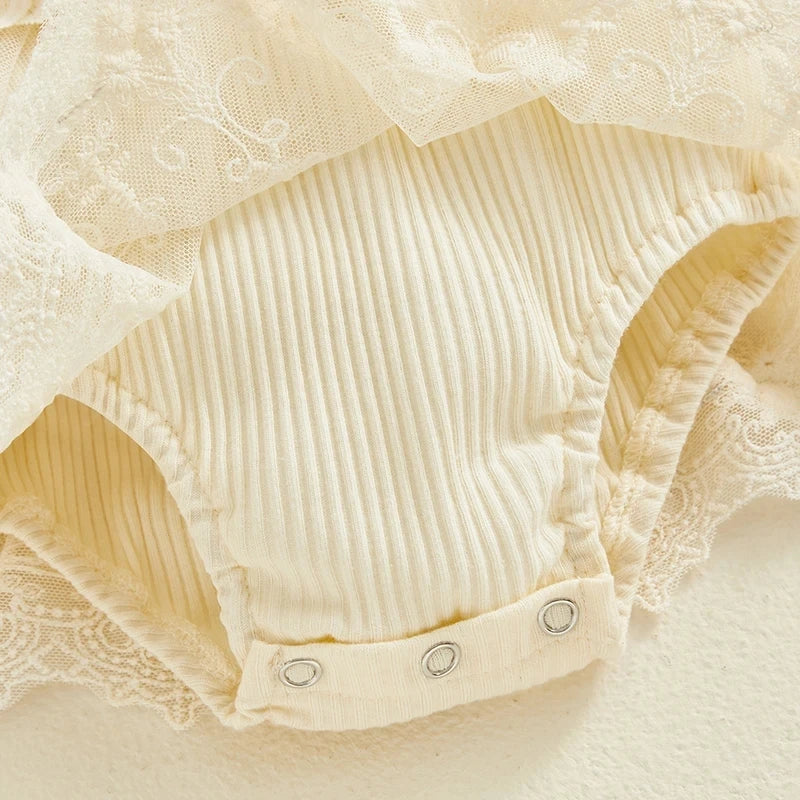 Cream ribbed fabric baby girls romper princess mesh newborn clothes with snap buttons by Yamza Tots' Closet
