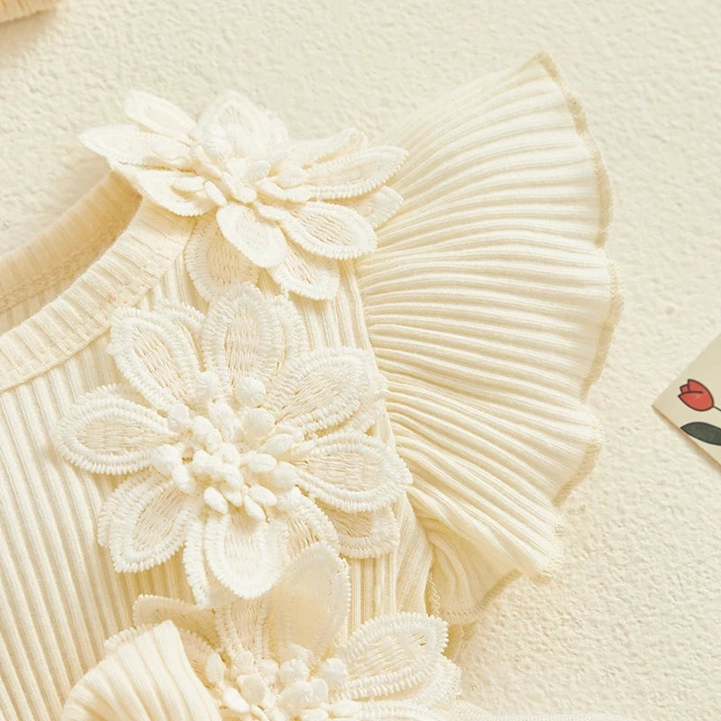 Close-up of cream Baby Girls Romper Princess Mesh Newborn Clothes with floral lace and ruffle sleeves