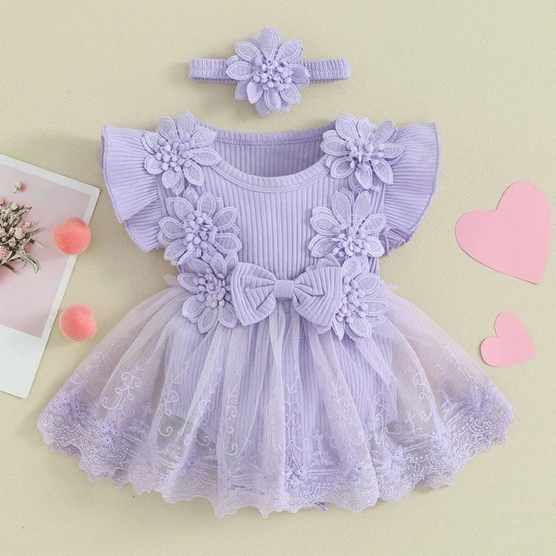 Baby Girls Romper Princess Mesh Newborn Clothes in light purple with floral decorations and matching headband