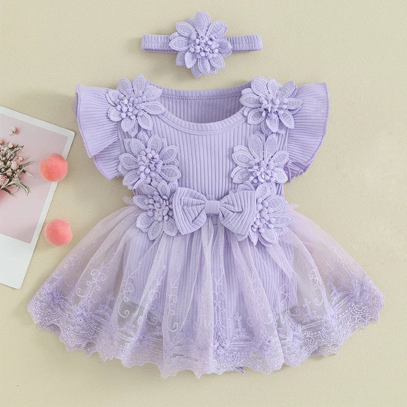 Baby Girls Romper Princess Mesh Newborn Clothes in lavender with floral lace details and matching headband