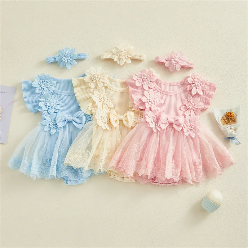 Baby Girls Romper Princess Mesh Newborn Clothes in pink cream and blue with floral details and matching headbands