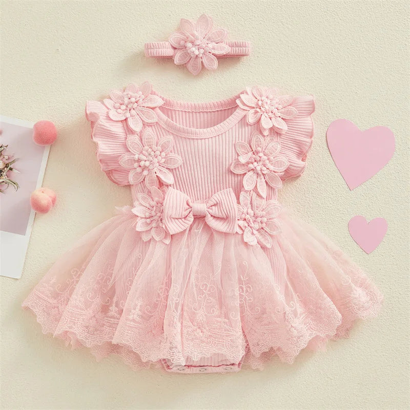Pink Baby Girls Romper Princess Mesh Newborn Clothes with floral lace and matching headband