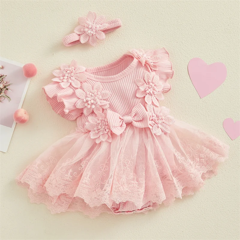 Baby Girls Romper Princess Mesh Newborn Clothes pink lace dress with floral accents and matching headband