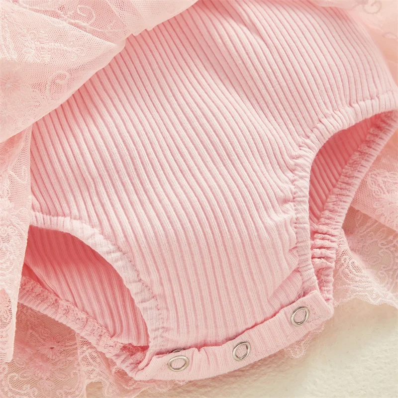 Pink ribbed Baby Girls Romper Princess Mesh Newborn Clothes with snap buttons and lace fabric