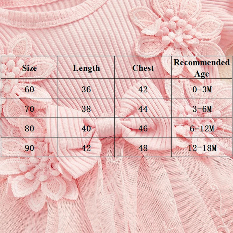 Pink baby girls romper princess mesh newborn clothes size chart with length chest and recommended age